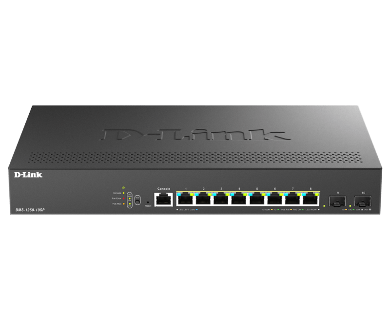 Switch D-Link DMS-1250-10SP , 8 porturi Gigabit, 2 porturi SFP+, Protocol 802.1D STP 802.1s MSTP 802.1w RSTP, rackabil