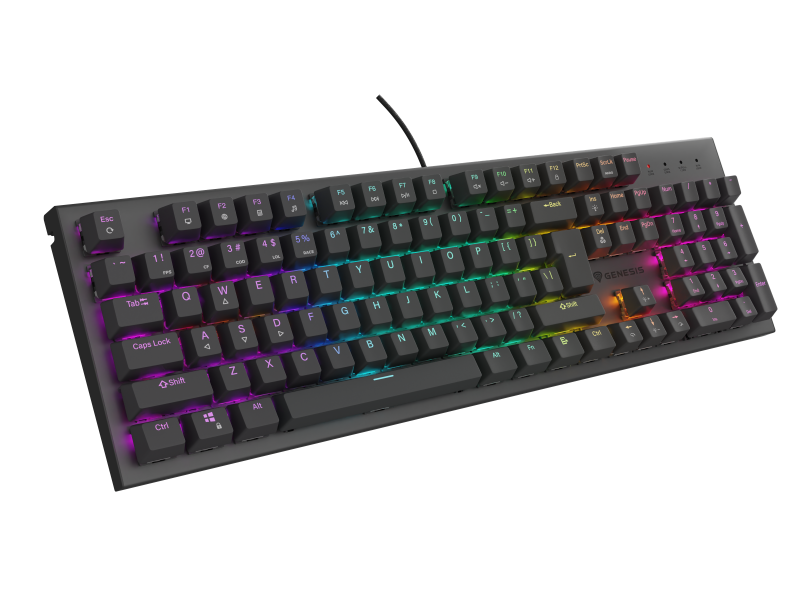 Tastatura gaming mecanica cu fir Genesis Thor 303, iluminare RGB, switch Tactile, switch model Outemu Brown, numar taste 104, 11 butoane multimedia, lungime cablu 1.8m, dimensiuni 442 x 136 x 36 mm, negru