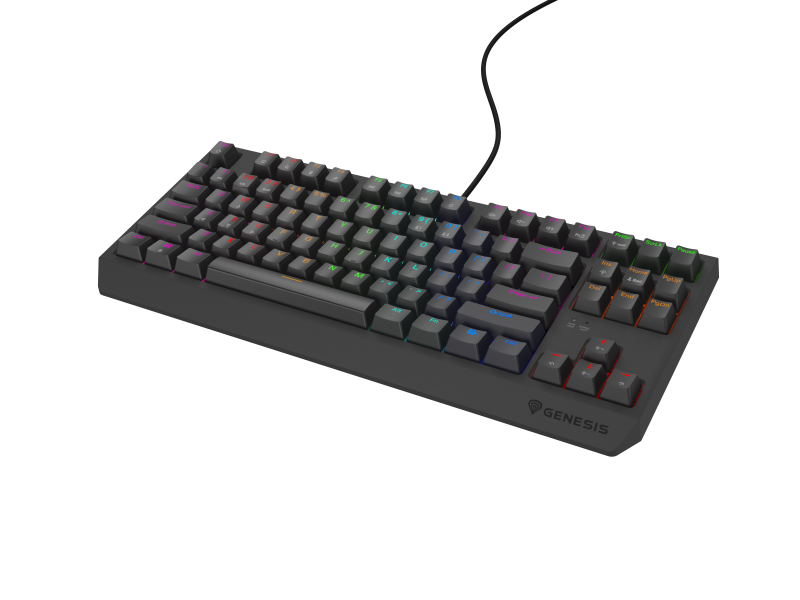 Tastatura gaming mecanica cu fir Genesis Thor 230 TKL Lite, iluminare multicolor, switch Linear, switch model Outemu Red, numar taste 87, 11 butoane multimedia, lungime cablu 1.6m, dimensiuni 363 x 155 x 39 mm, negru