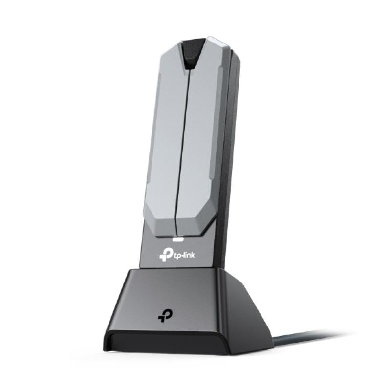 BE6500 High Gain Tri-Band Wi-Fi 7 USB Adapter SPEED: 2882 Mbps at 6 GHz + 2882 Mbps at 5 GHz + 688 Mbps at 2.4 GHz SPEC: 2× High Gain External Antennas, USB 3.0, Cradle with Extension Cable FEATURE: Wi-Fi 7, MU-MIMO, OFDMA, HE160, WPA3, MLO, 4K QAM