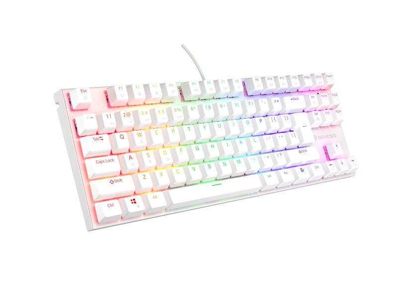 Tastatura gaming mecanica cu fir Genesis Thor 303 TKL, iluminare RGB, switch Linear, switch model Outemu Pitch Silent, numar taste 87, 11 butoane multimedia, lungime cablu 1.8m, dimensiuni 355 x 136 x 36 mm ,alb