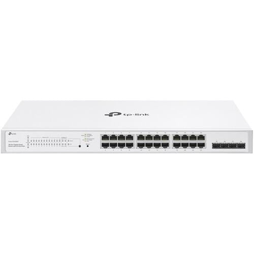 Switch TP-Link cu 28 de porturi, 24× Gigabit 802.3af/at PoE+ ports si 4× Gigabit SFP slots, capacitate switch 56 Gbps, dimensiuni 17.3×8.7×1.73 in (440×220×44 mm)