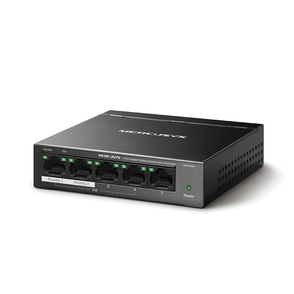 MERCUSYS DESKTOP SWITCH 5PORT MS105GP POE, Interfata: 5 x 5× 10/100/1000 Mbps RJ45 ports, 4 x POE, PoE Power Budget: 65 W, Standarde si protocoale: IEEE 802.3x Flow Control, dimensiuni: 99.8*98*25mm,