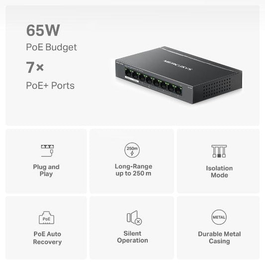 Switch Mercusys Desktop 8 porturi Gigabit, MS108GP, 7 porturi POE (1-7) , buget POE: 65 W, Standarde si protocoale: IEEE 802.3x Flow Control, Dimensiuni: 171*98*27 mm.