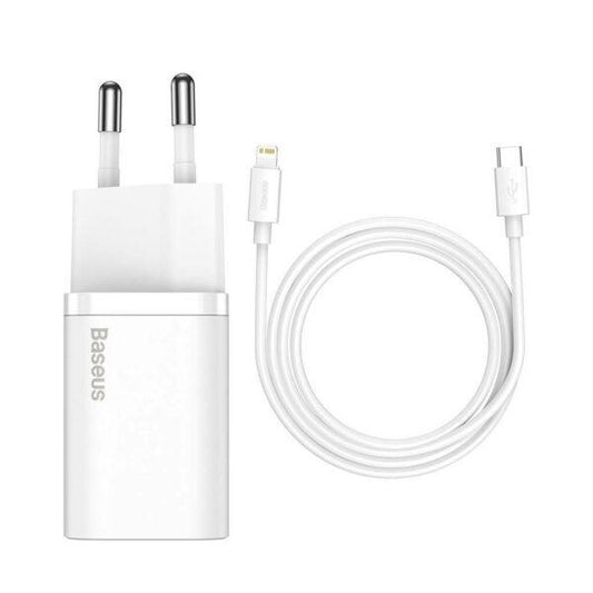 Incarcator retea Baseus Super Si, Quick Charge 20W, 1 x USB Type-C 5V/3Amax, include cablu USB Type-C la Lightning Iphone 1m, alb
