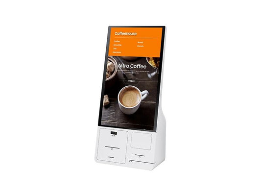 Kiosk interactiv Samsung KM24A, include imprimanta si cititor de cod QR/barcode (display + connection box); nu include POS; se poate instala pe stand optional