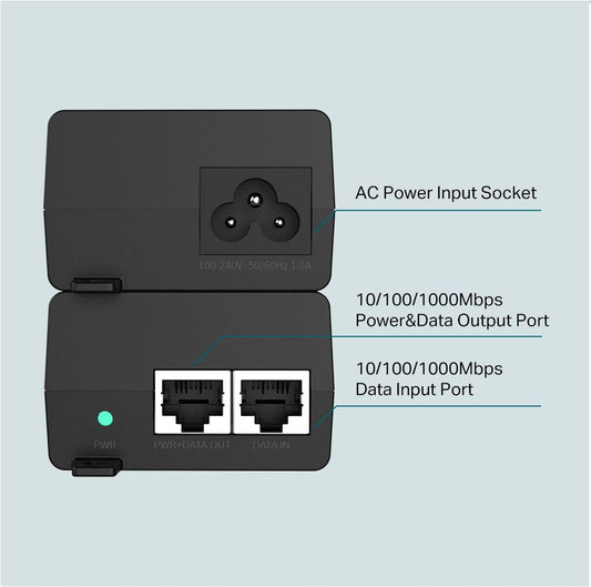 TP-Link, PoE+ Injector, TL-POE160S, Standarde si protocoale: IEEE802.3i, IEEE802.3u, IEEE802.3ab, IEEE802.3af, IEEE802.3at, interfata: 1 10/100/1000Mbps RJ45 data-in port, 1 10/100/1000Mbps RJ45 power+data-out port, Dimensiuni: 125 × 59.4 × 36.8 mm.