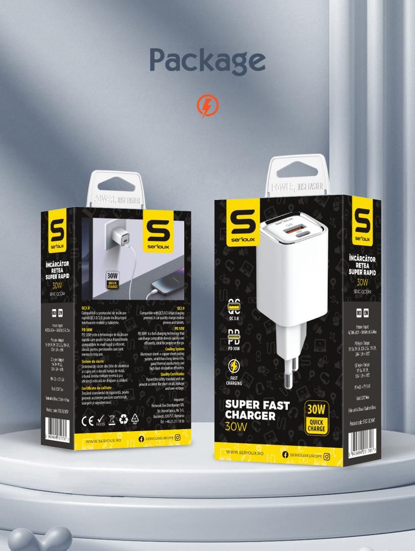 Incarcator retea Serioux 30W Quick Charge, Intrare AC100-240V~ 50/60Hz 0.7A Max, PD Ie?ire: 5V-3A, 9V-3A, 12V-2.5A, 15V 2A, 20V=1.5A (30W), QC Ie?ire: 5V-3A, 9V-2A, 12V=1.5A (18W), PD+QC=5V=3.6A, Total: 30W Max