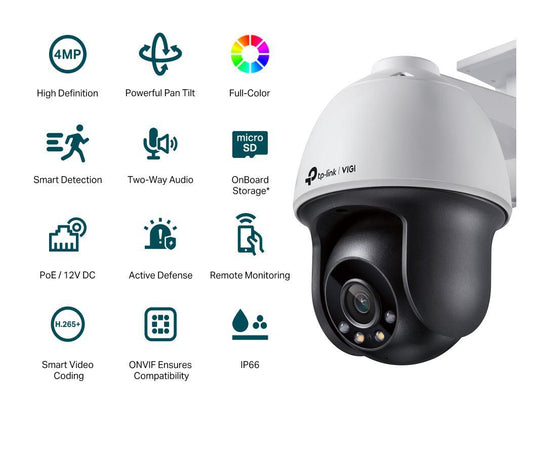 "TP-LINK VIGI 4MP Outdoor PAN/TILT Network Camera,VIGI C540(4mm), 1/3""Progressive Scan CMOS, obiectiv: 4mm, F1.6, unghi vizualizare Horizontal FOV: 79°, Vertical FOV: 43°, Diagonal FOV: 93°distanta IR: 30mm, interfata : 1 x RJ45 10/100M. "
