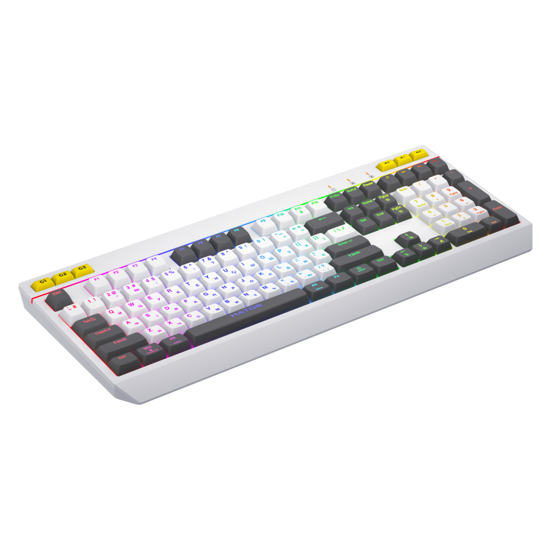 Tastatura mecanica cu fir Hator Icefall, conectivitate USB, polling rate 1000Hz, iluminare RGB pentru 8 zone diferite, tip switch membrana, material taste ABS cu gravare laser si acoperire UV, alb