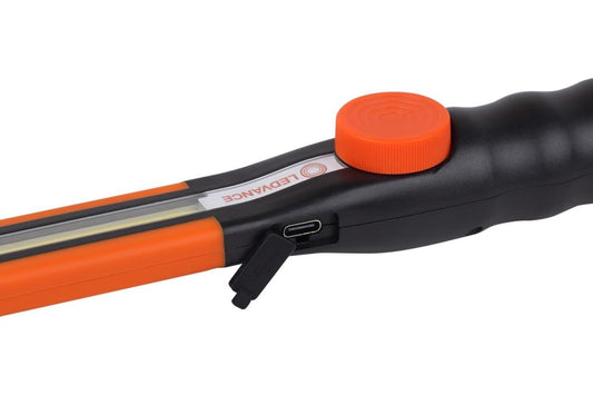 Lanterna LED multifunctionala Ledvance, 5W COB, 400 lm, dimabila, acumulator 1800 mAh inclus, utilizare auto, carlig, magnet, USB-C, IP22, cablu incarcare USB inclus, Portocaliu/Negru