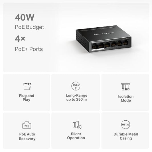 Mercusys Desktop Switch MS106LP 6 porturi 10/100Mbps, Standarde si protocoale IEEE 802.3x Flow Control, 4 porturi POE, buget POE 40W, dimensiuni: 99.8*98*25mm.