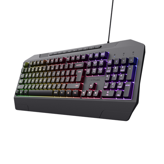 Tastatura Trust cu fir GXT836 Evocs, numar butoane 114, interfata USB 2.0, conector USB-A, iluminare RGB rainbow, negru