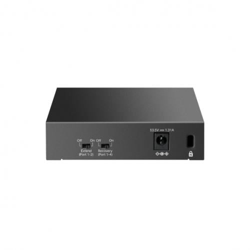 "5-Port Gigabit Desktop Switch with 4-Port PoE+ PORT: 4× Gigabit PoE+ Ports, 1× Gigabit Non-PoE Port SPEC: 802.3af/at, 65 W PoE Power, Desktop Steel Case FEATURE: Extend Mode for 250m PoE Transmitting, PoE Auto Recovery, Plug and Play"