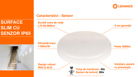 Plafoniera LED pentru exterior cu senzor de miscare Ledvance SURFACE SLIM ROUND 260, 26W, 2730 lm, lumina neutra (4000K), IP65/IK10, Ø260x55mm, Alb