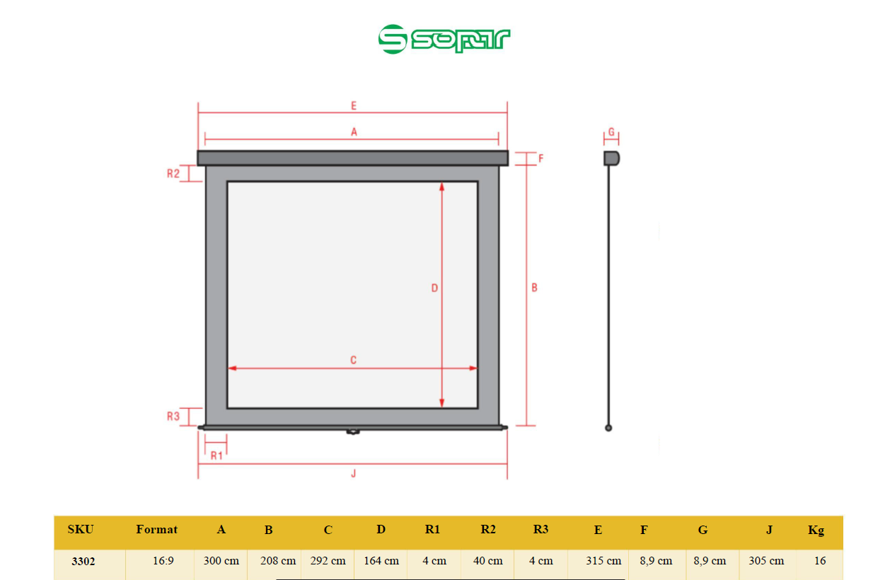 Ecran de proiectie manual, cu prindere in tavan/perete Sopar Platinum 16:9 300x208cm