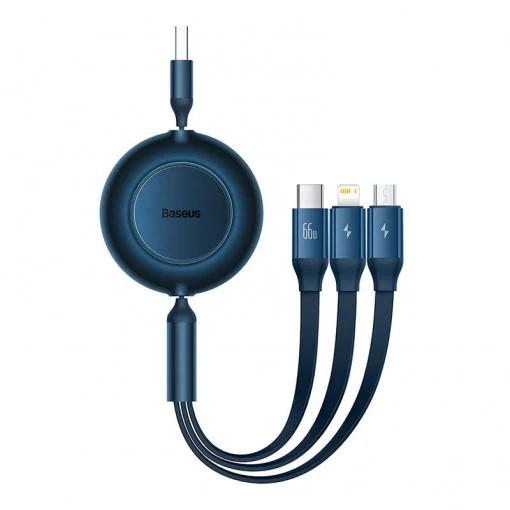 Cablu alimentare si date Baseus Bright Mirror 3 in 1 Retractable, pt smartphone, USB Type-A la Micro-USB+Lightning+USB Type-C66W,1.1m, albastru
