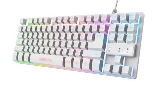 Tastatura Trust cu fir GXT833W Thado, numar butoane 87, interfata USB 2.0, conector USB-A male, compatibila cu PS4, Xbox One, Nintendo Switch, PS5, alb