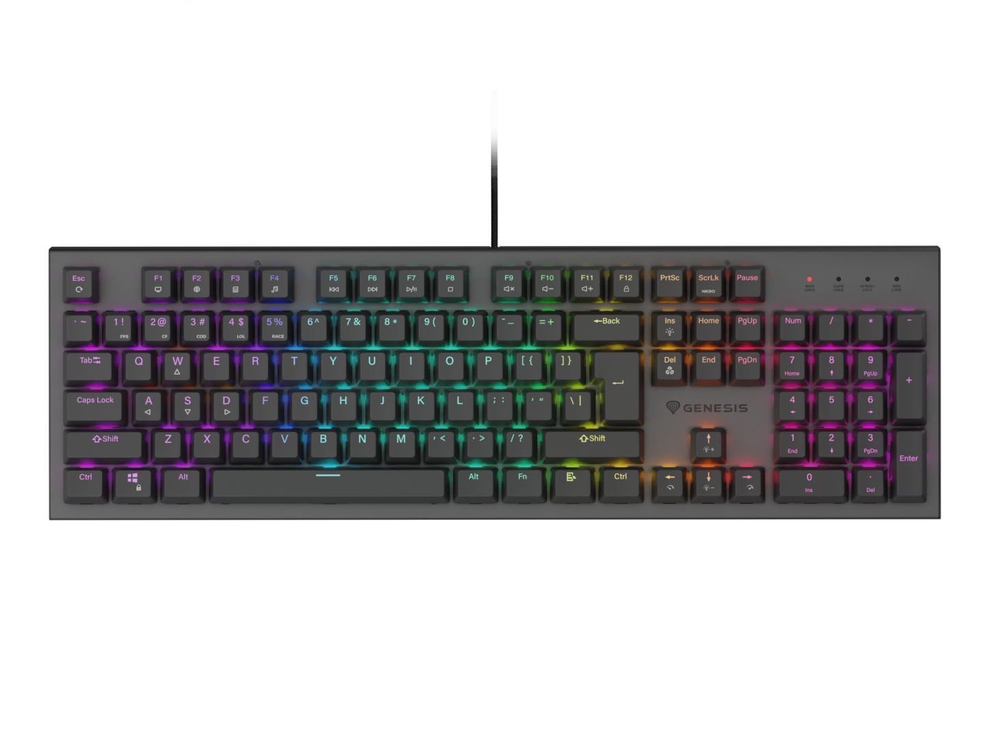 Tastatura gaming mecanica cu fir Genesis Thor 303, iluminare RGB, switch-uri Red, 104 taste, 11 butoane multimedia, negru