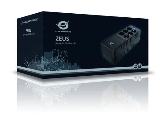 Conceptronic ZEUS05E 650VA 360W UPS, Schuko x 6 (3x surge protection 3x surge protection & battery backup), RJ45 In/Out, AVR, 110 x 309 x 84 mm