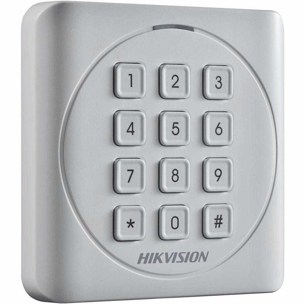 Cititor card cu tastatura Hikvision DS-K1801MK, citeste carduri MIFARE 13.56MHz, distanta citire: 50mm, comunicare: Wiegand 26/34 protocol, tastatura cu 12 butoane, indicator LED de stare si alimentare; alimentare: 12VDC, IP65, dimensiuni: 87×87×13.3mm