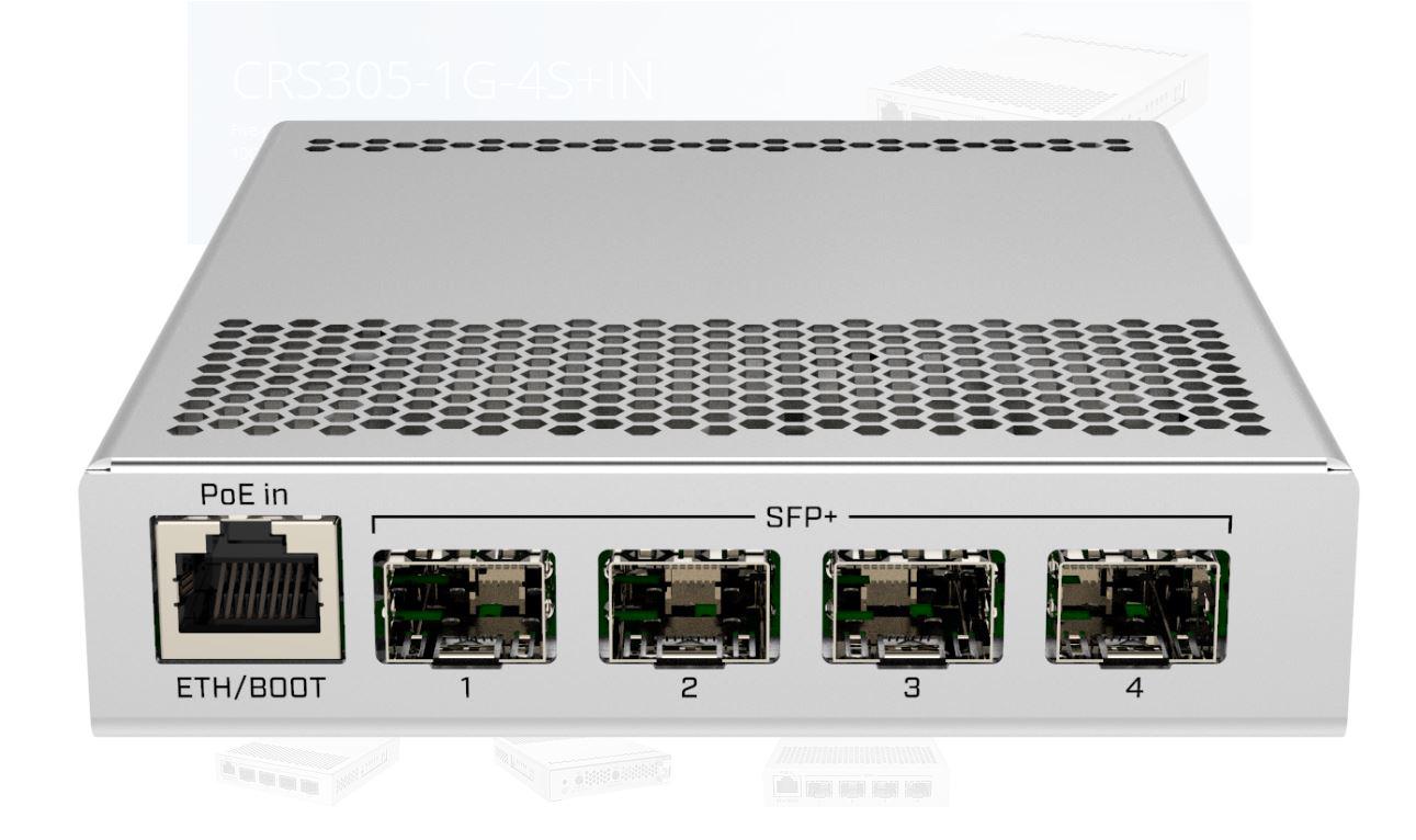 Mikrotik CRS305-1G-4S+OUT FIBERBOX PLUS, Procesor: 800 MHz dual core, Sistem operare: RouterOS v7 / SwOS, 256Mb RAM, 16MB Flash, POE in 802.3af/at 42-57 V, interfata: 1 x 10/100/1000, 4 x SFP, Wwatherproof: IP66.