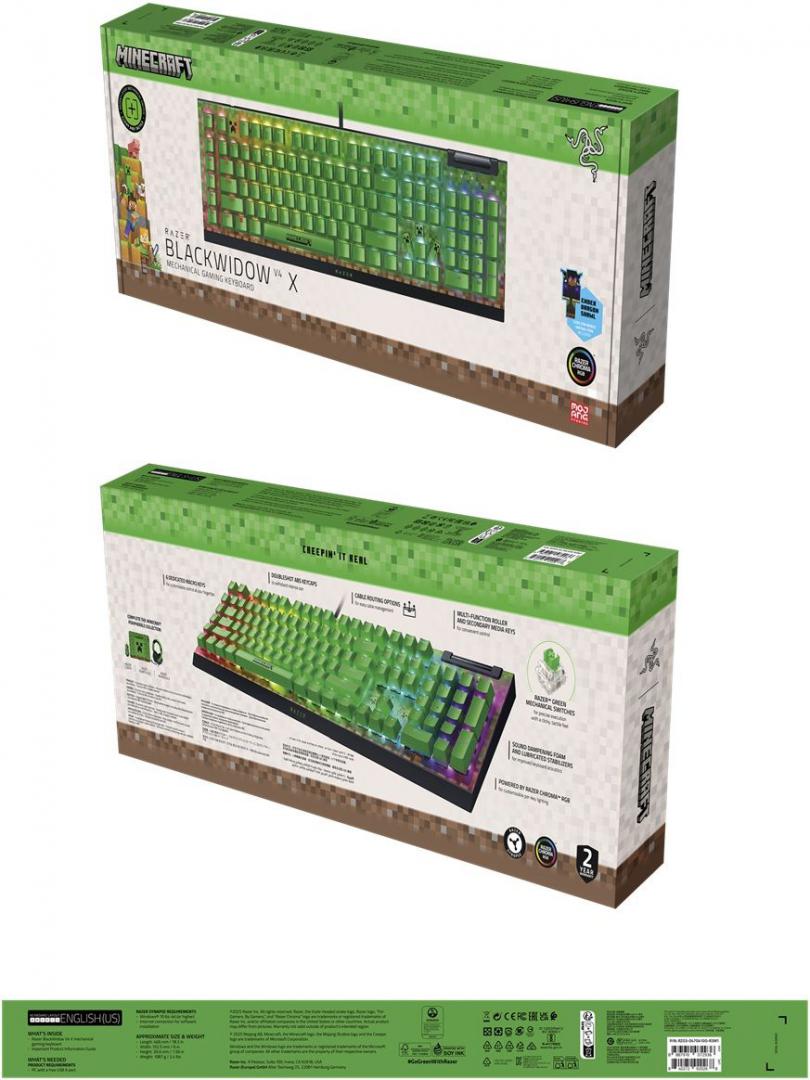 Tastatura mecanica gaming BlackWidow V4 X (Green Switch) - Minecraft Edition , layout US, taste ABS, layout US, cu 6 butoane customizabile, negru