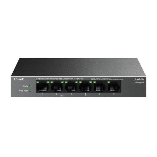 "6-Port 10/100 Mbps Desktop Switch with 4-Port PoE PORT: 4× 10/100 Mbps PoE Ports, 2× 10/100 Mbps Non-PoE Ports SPEC: 802.3af, 41 W PoE Power, Desktop Steel Case FEATURE: Extend Mode for 250m PoE Transmitting, PoE Auto Recovery, Plug and Play"