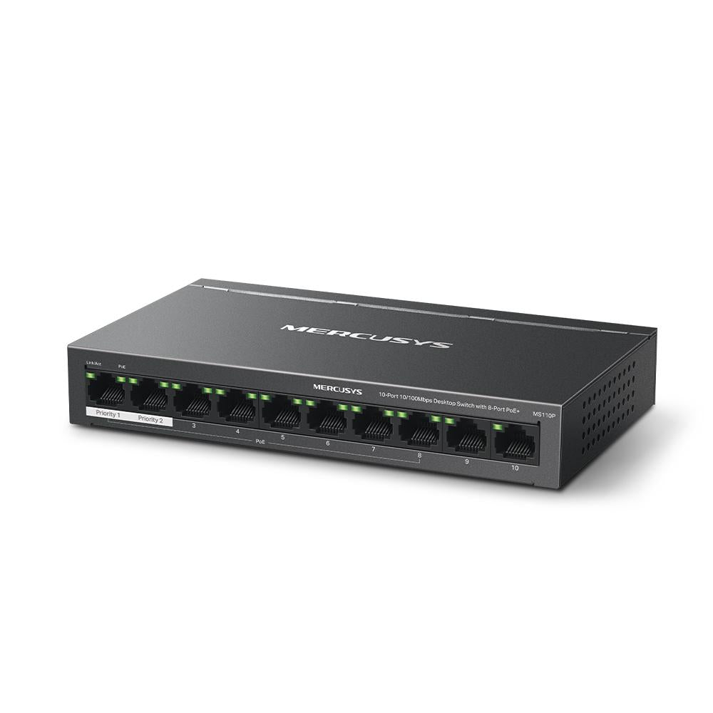 MERCUSYS DESKTOP SWITCH 10PORT MS110P POE, Interfata: 10× 10/100 Mbps, Standarde si protocoale: IEEE 802.3x Flow Control, Dimensiuni: 171*98* 27 mm, Porturi POE: 1-8, Buget POE: 65W.