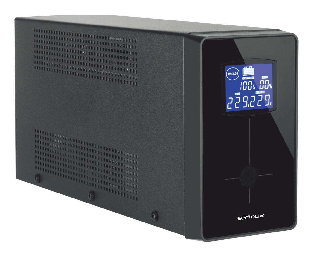 UPS Serioux Line Interactive 2000LI, ecran LCD, capacitate 2000VA/1200W, 4 prize Schuko , baterie 12 V / 9.0 Ah × 2, timp mediu de functionare pe baterii 5 min - 50% sarcina, management USB/RJ45, software inclus