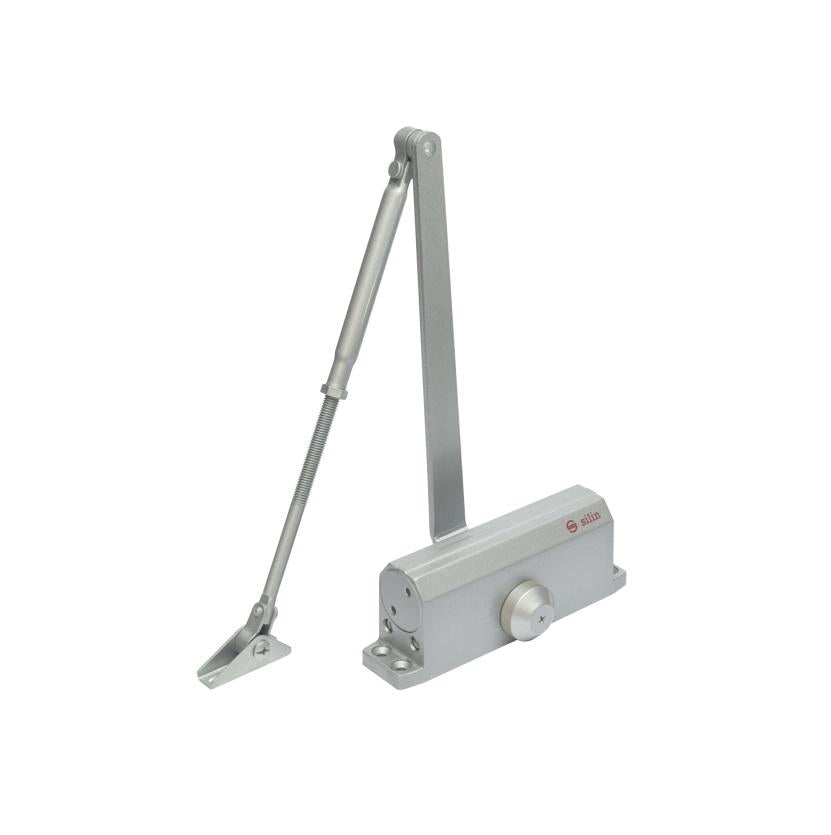 Amortizor hidraulic cu brat SA-6033AW-sv, argintiu; Pentru: usi cu greutatea de 40-65 kg; latime usa ?950mm; Ulei hidraulic termostabil; Viteza de inchidere reglabila; Montare universala: stanga sau dreapta; Culoare: argintiu; Deschidere usa la 180°;