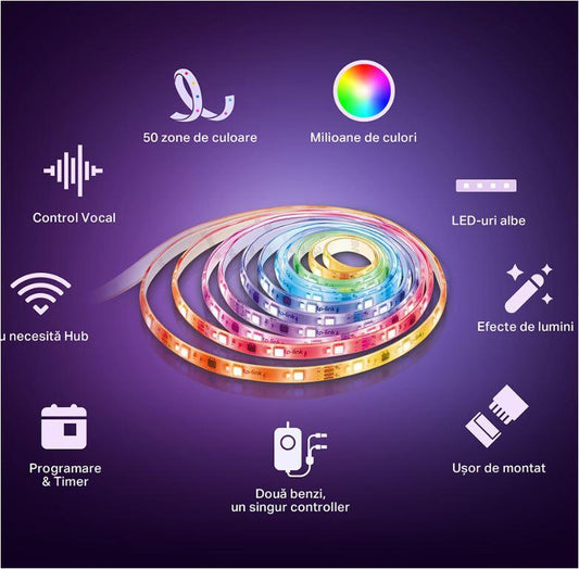 TP-Link Tapo L930-10 Smart light strip kit, 16 milioane culori 300 LED- uri RGB +300 LED-uri albe, 2 x 5m, dimensiuni: 5000 × 10 × 30 mm fiecare, Wi-Fi Protocol: IEEE 802.11b/g/n, Frecventa: 2.4 GHz, 2000 lm, 2500–6500 K.