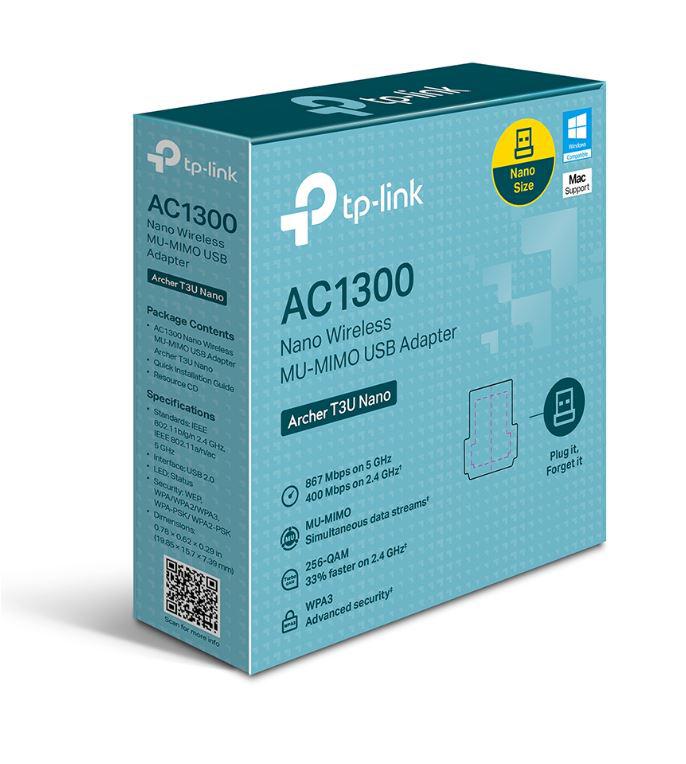 TP-link AC1300 Mini Adaptor USB Wireless MU-MIMO, ARCHER T3U Nano; USB 2.0;dimensiuni: 19.85 × 15.7 × 7.39 mm, Standarde wireless: IEEE 802.11b/g/n 2.4 GHz, IEEE 802.11a/n/ac 5 GHz, Dual-Band 2.4 GHz, 5 GHz.