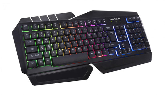Tastatura gamig Serioux Andor, 104 taste, 19 taste Anti-ghosting , design ergonomic, iluminare rainbow, structura metalica neagra, taste negre, design cu palm rest, cablu USB 1.5M PVC, plug and play, compatibila cu Windows 2000/XP/9X/VISTA/7/8/10