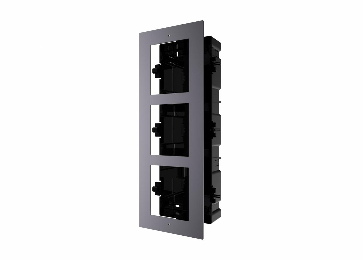 Panou frontal pentru 3 module videointerfon modular Hikvision DS-KD-ACF3; permite conectarea a 3 module de videointerfon modular; mo ntareincastrata; material aluminiu, doza de plastic inclusa; dimensiuni:337.8mm x 124mm × 4mm;
