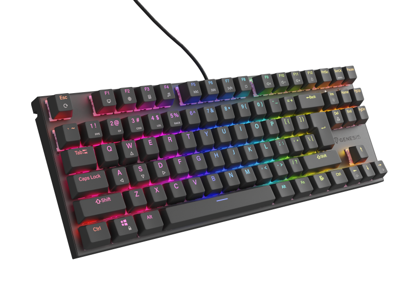 Tastatura gaming mecanica cu fir Genesis Thor 303 TKL, iluminare RGB, switch Linear, switch model Outemu Peach Silent, numar taste 87, 11 butoane multimedia, lungime cablu 1.8m, dimensiuni 355 x 136 x 36 mm, negru
