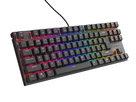 Tastatura gaming mecanica cu fir Genesis Thor 303 TKL, iluminare RGB, switch Linear, switch model Outemu Peach Silent, numar taste 87, 11 butoane multimedia, lungime cablu 1.8m, dimensiuni 355 x 136 x 36 mm, negru