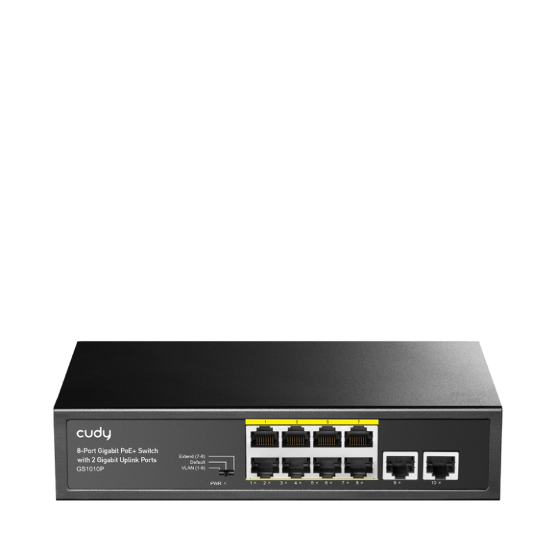 CUDY Switch Unmanaged PoE+, 8x porturi RJ-45 10/100/1000M PSE +2x porturi RJ45 10/100/1000 Uplink, VLAN ON/OFF, Extend ON/OFF, Watchdog ON/OFF?,standard 802.3af/at, Aternative 1/2(+),3/6(-), Rack-mountable Steel Case, sursa interna de 120W