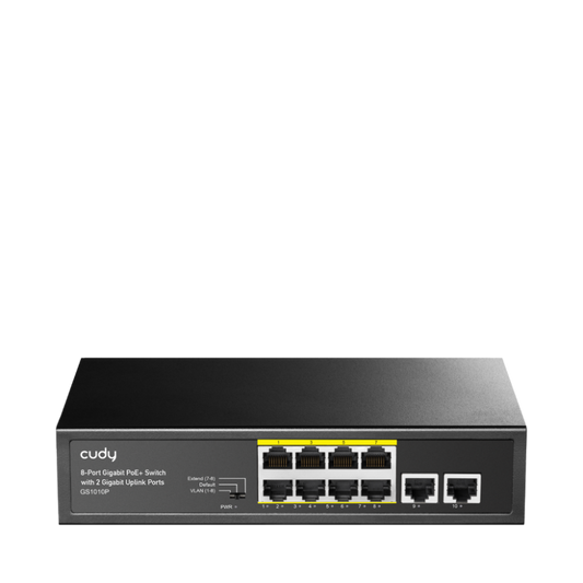 CUDY Switch Unmanaged PoE+, 8x porturi RJ-45 10/100/1000M PSE +2x porturi RJ45 10/100/1000 Uplink, VLAN ON/OFF, Extend ON/OFF, Watchdog ON/OFF?,standard 802.3af/at, Aternative 1/2(+),3/6(-), Rack-mountable Steel Case, sursa interna de 120W