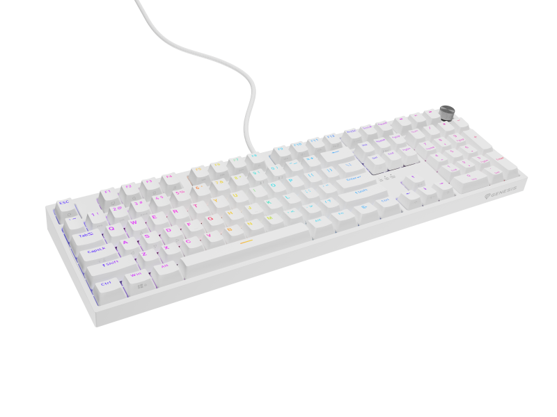 Tastatura gaming mecanica cu fir Genesis Thor 404, iluminare RGB, switch Linear, switch model Gateron Yellow Pro, numar taste 107, 11 butoane multimedia, lungime cablu 1.8m, dimensiuni 439 x 133 x 41 mm, alb