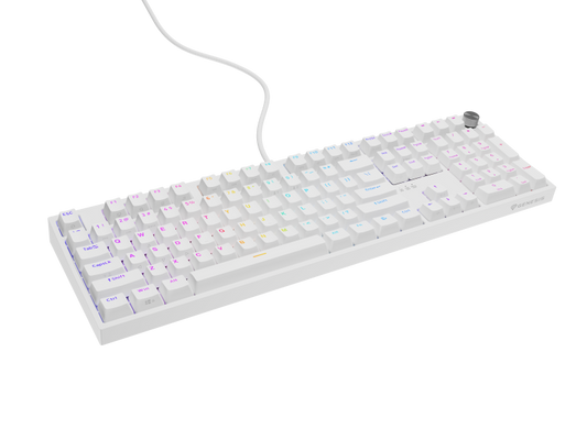 Tastatura gaming mecanica cu fir Genesis Thor 404, iluminare RGB, switch Linear, switch model Gateron Yellow Pro, numar taste 107, 11 butoane multimedia, lungime cablu 1.8m, dimensiuni 439 x 133 x 41 mm, alb