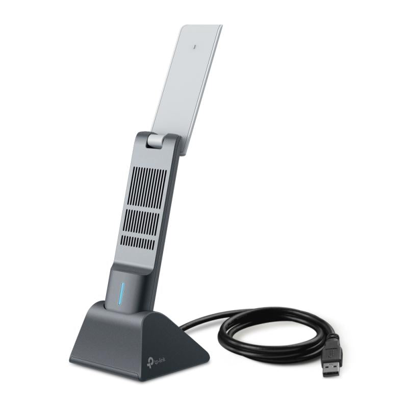 AX3000 High Gain Dual Band Wi-Fi 6 USB Adapter SPEED: 2402 Mbps at 5 GHz + 574 Mbps at 2.4 GHz SPEC: High Gain External Antennas, USB 3.0, Cradle with Extension Cable FEATURE: MU-MIMO, OFDMA, HE160, WPA3