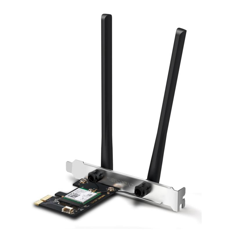 AX3000 Dual-Band Wi-Fi 6 Bluetooth PCI Express Adapter SPEED: 2402 Mbps at 5 GHz + 574 Mbps at 2.4 GHz SPEC: 2× High Gain Dual-Band External Antennas FEATURE: Wi-Fi 6, MU-MIMO, OFDMA, 1024 QAM, HE160, WPA3, Bluetooth 5.2"