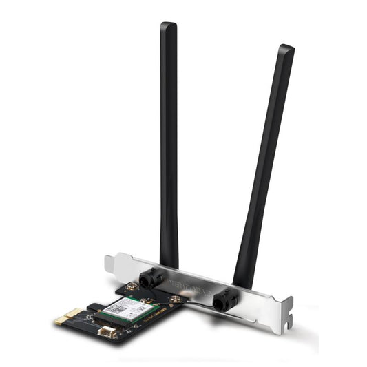 AX3000 Dual-Band Wi-Fi 6 Bluetooth PCI Express Adapter SPEED: 2402 Mbps at 5 GHz + 574 Mbps at 2.4 GHz SPEC: 2× High Gain Dual-Band External Antennas FEATURE: Wi-Fi 6, MU-MIMO, OFDMA, 1024 QAM, HE160, WPA3, Bluetooth 5.2"