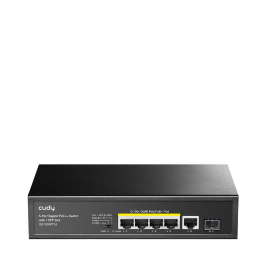 CUDY 5-Port 10/100/1000M PoE+ Switch 120W, 4-Port 10/100/1000M PoE+ ports, 60 watts for port #1, 802.3at/af, VLAN ON/OFF, Extend ON/OFF, Watchdog ON/OFF? Fanless, ±4KV Surge Protection,Watchdog, 120W Internal Power Supply