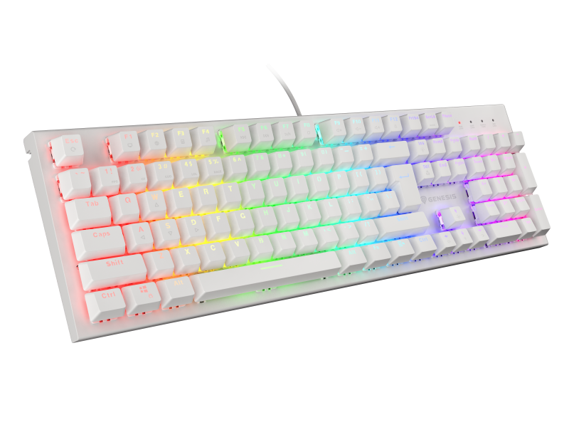 Tastatura gaming mecanica cu fir Genesis Thor 303, iluminare RGB, switch Tactile, switch model Outemu Brown, numar taste 104, 11 butoane multimedia, lungime cablu 1.8m, dimensiuni 442 x 136 x 36 mm, alb