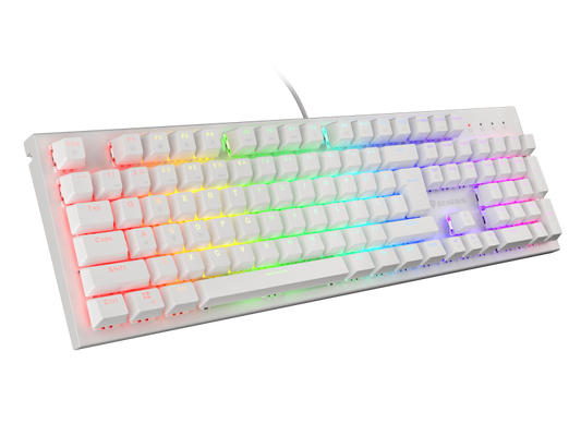 Tastatura gaming mecanica cu fir Genesis Thor 303, iluminare RGB, switch Tactile, switch model Outemu Brown, numar taste 104, 11 butoane multimedia, lungime cablu 1.8m, dimensiuni 442 x 136 x 36 mm, alb