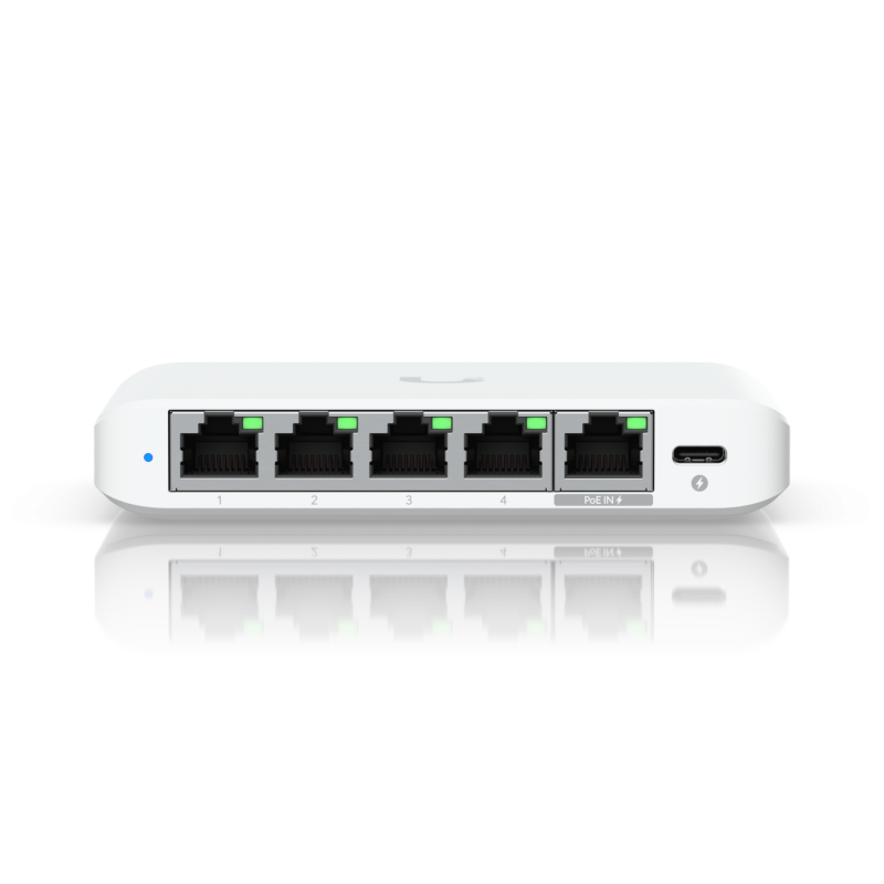 Ubiquiti USW-Flex-2.5G-5, 5 porturi RJ45 1/2.5 GbE, capacitate 25 Gbps, 1 adaptor de alimentare AC, 5V DC, 1A, 1 PoE (PairA 1, 2+; 3, 6-)(PairB 4, 5+; 7, 8-), dimensiuni 117.1 x 90 x 21.2 mm (4.6 x 3.5 x 0.8")