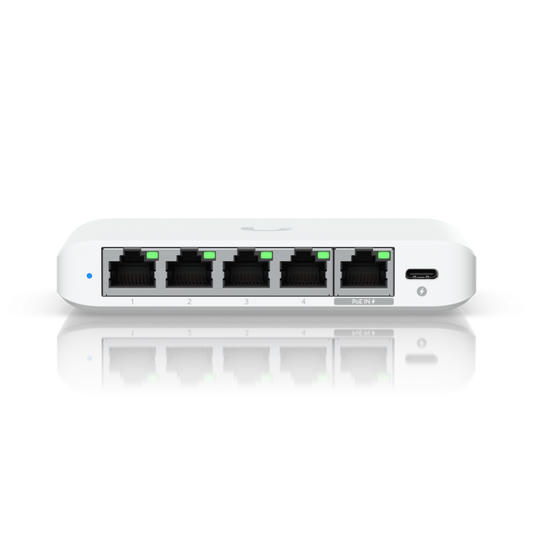 Ubiquiti USW-Flex-2.5G-5, 5 porturi RJ45 1/2.5 GbE, capacitate 25 Gbps, 1 adaptor de alimentare AC, 5V DC, 1A, 1 PoE (PairA 1, 2+; 3, 6-)(PairB 4, 5+; 7, 8-), dimensiuni 117.1 x 90 x 21.2 mm (4.6 x 3.5 x 0.8")
