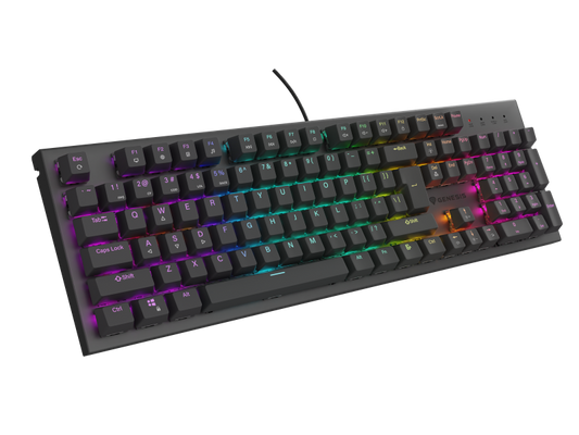 Tastatura gaming mecanica cu fir Genesis Thor 303, iluminare RGB, switch Tactile, switch model Outemu Brown, numar taste 104, 11 butoane multimedia, lungime cablu 1.8m, dimensiuni 442 x 136 x 36 mm, negru
